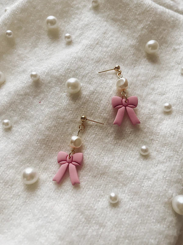 "Pink Bow & Pearl" Earrings